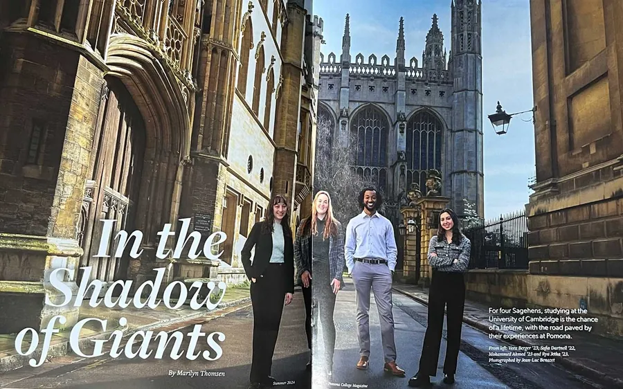 Pomona College Magazine spread 'In the Shadow of Giants', with a group portrait at Cambridge photographed by Jean-Luc Benazet.